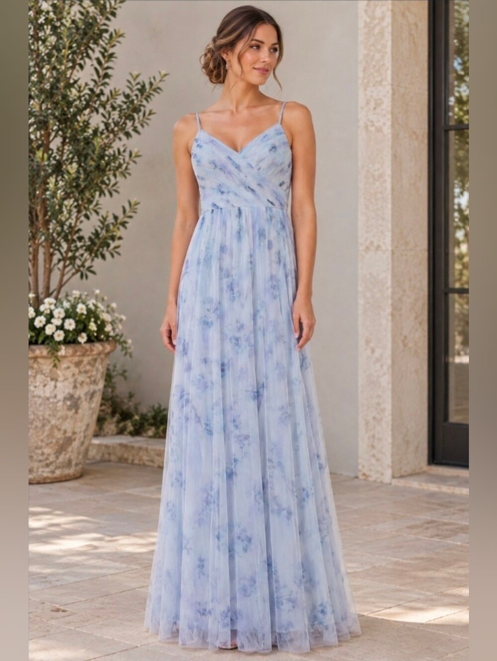 NWT Dessy Collection Floral Tulle Maxi Dress Draped Bodice Bridesmaid Formal